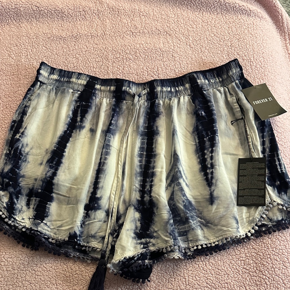 Forever 21 Blue and White Tie-Dye High Waist Shorts